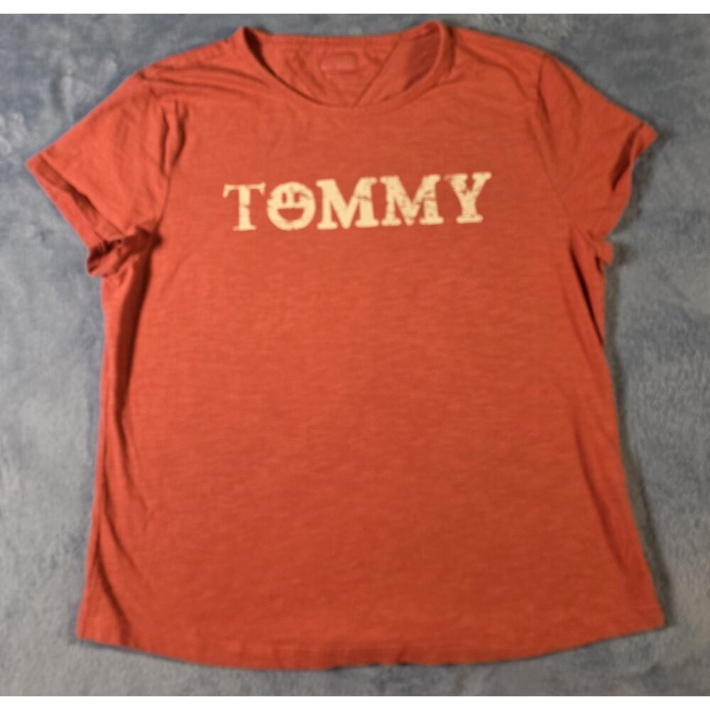 Tommy Hilfiger Womens T Shirt Orange V Neck Distressed Logo Tee Medium